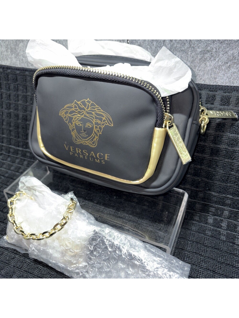 Versace Pouch to Crossbody Bag Purse Handbag Gold Medusa Logo Chain Strap
